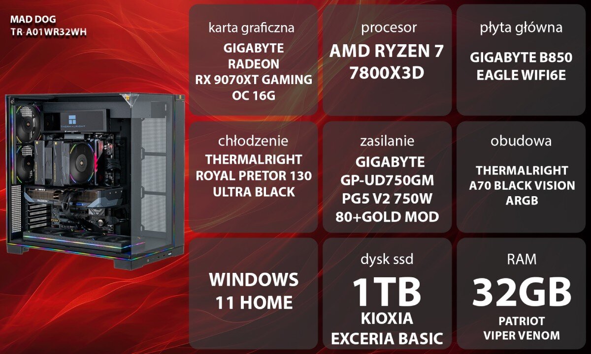 Osoba siedzi przy biurku, używając komputera z dużym monitorem, na którym wyświetlana jest gra. W tle widoczne jest logo media expert.