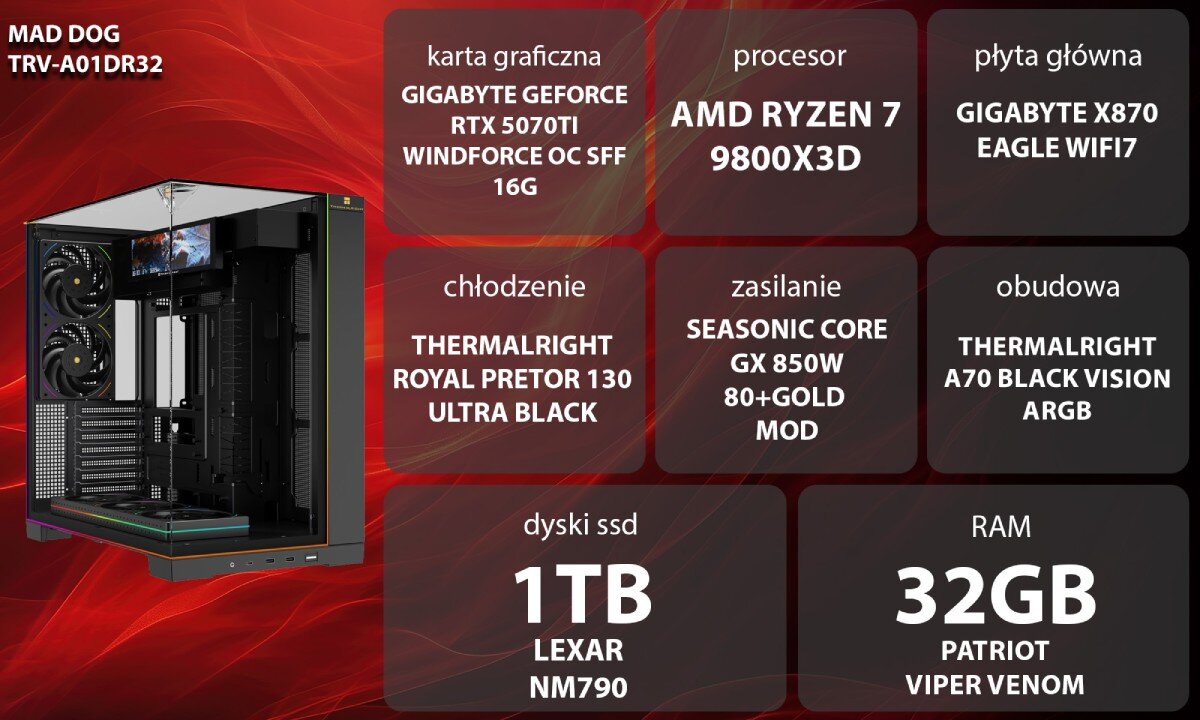 Osoba siedzi przy biurku, używając komputera z dużym monitorem, na którym wyświetlana jest gra. W tle widoczne jest logo media expert.