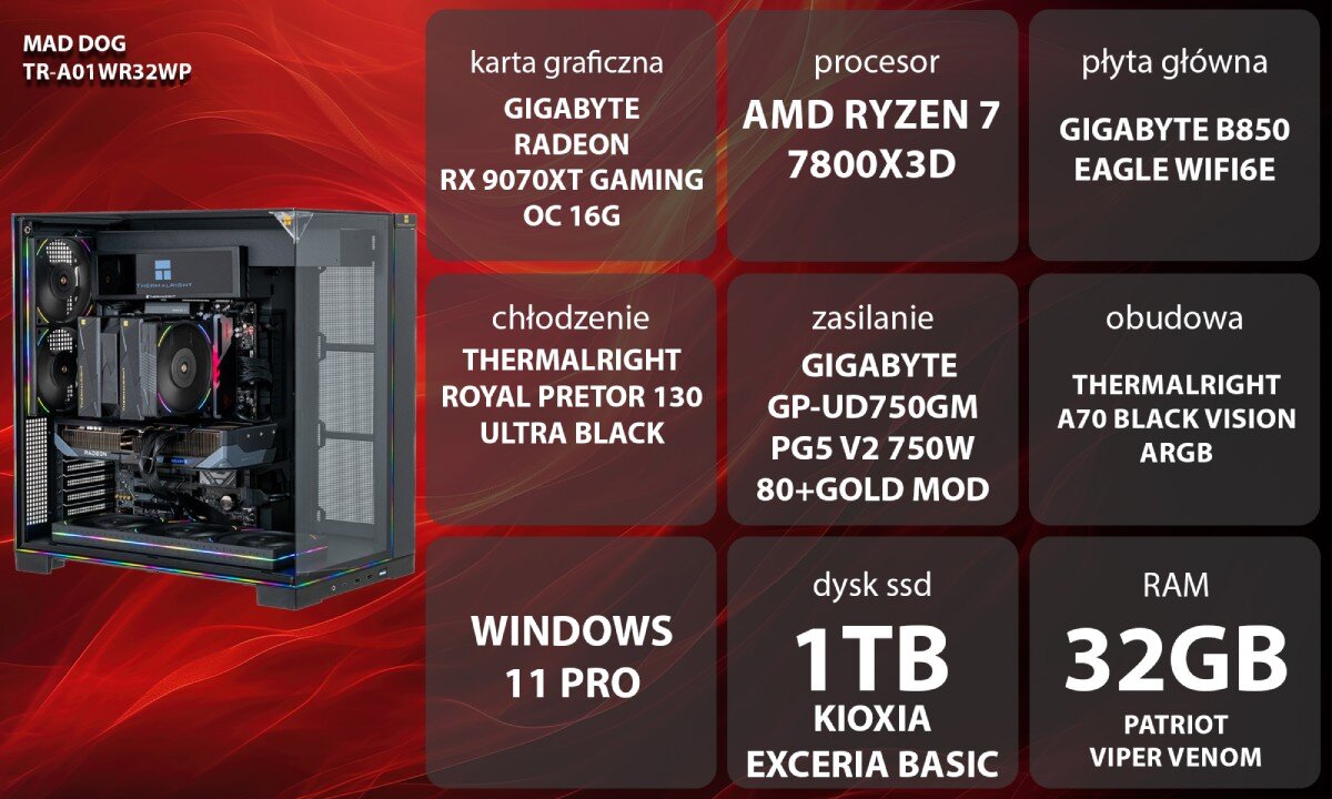 Osoba siedzi przy biurku, używając komputera z dużym monitorem, na którym wyświetlana jest gra. W tle widoczne jest logo media expert.
