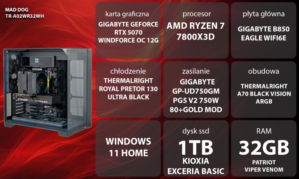 Osoba siedzi przy biurku, używając komputera z dużym monitorem, na którym wyświetlana jest gra. W tle widoczne jest logo media expert.