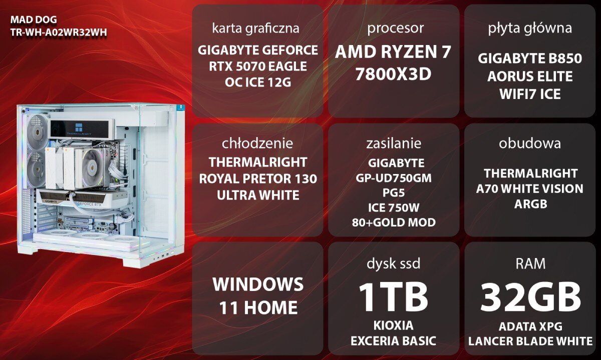 Obraz przedstawia biały komputer stacjonarny z przezroczystą obudową, w której widoczne są wentylatory i miejsce na podzespoły. W tle rozmyta postać oraz żółty element z symbolem odtwarzania.