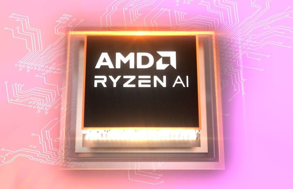 Laptop Lenovo z procesorem AMD Ryzen AI prezentuje wizualizację układu AI na technologicznej grafice wydajnościowej