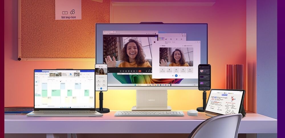 Laptop Lenovo współpracuje z monitorem, smartfonem i tabletem podczas wideokonferencji w środowisku pracy hybrydowej  