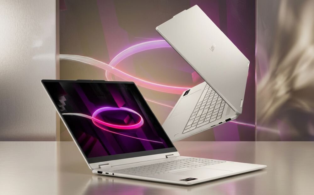 Laptop LENOVO IdeaPad Slim 5 14AHP11 wyświetla dynamiczną postać tancerki na różowym tle podczas pracy kreatywnej i edycji multimediów