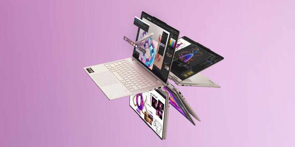 Laptop LENOVO IdeaPad Slim 5 14AHP11 z funkcjami AI prezentuje narzędzia do wyszukiwania podsumowywania i pracy biurowej na fioletowym tle