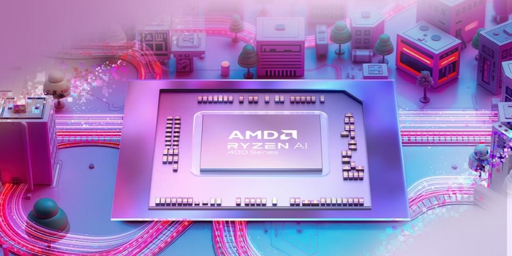 Laptop LENOVO IdeaPad Slim 5 14AHP11 z procesorem AMD Ryzen prezentuje wizualizację układu AI na technologicznej grafice wydajnościowej