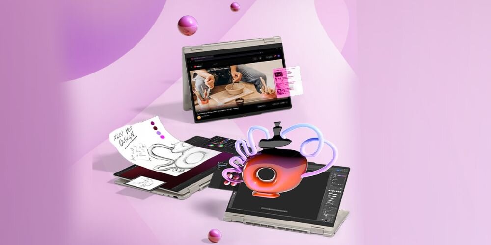Laptop LENOVO IdeaPad Slim 5 14AHP11 prezentuje smukłą obudowę na różowo-fioletowym tle z kwiatowymi motywami podczas mobilnej pracy i codziennego użytkowania