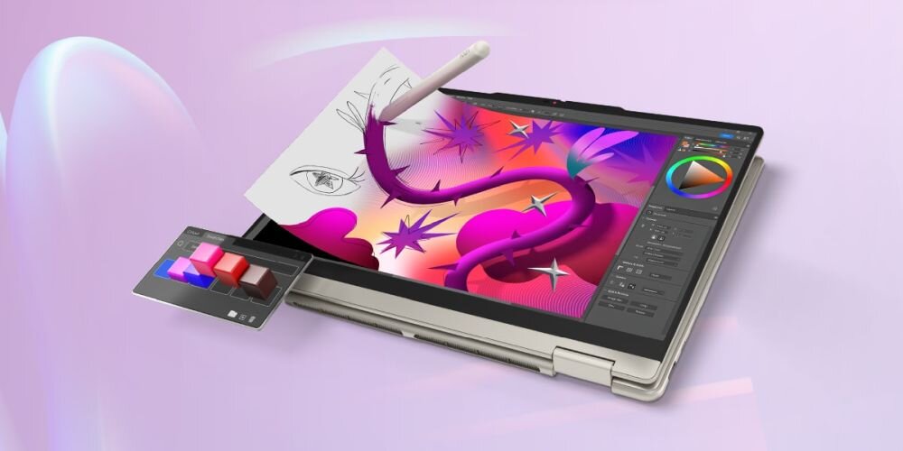 Laptop LENOVO IdeaPad Slim 5 14AHP11 z ekranem WUXGA wyświetla mecz piłkarski na dynamicznym tle podczas oglądania multimediów i rozrywki