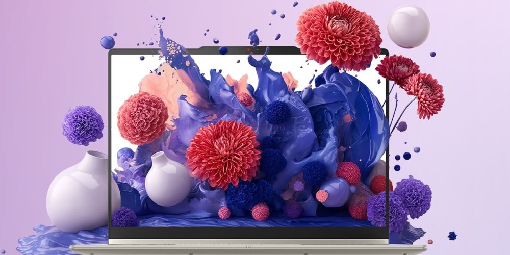 Laptop LENOVO IdeaPad Slim 5 14AHP11 z ekranem IPS wyświetla kolorowego feniksa na różowym tle podczas pracy kreatywnej i edycji grafiki