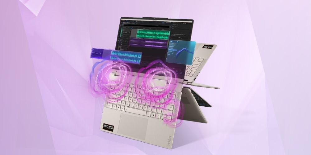 Trzy osoby tworzą mural z pomocą laptopa LENOVO IdeaPad Slim 5 14AHP11 z ekranem IPS podczas pracy kreatywnej przy projekcie artystycznym na zewnątrz