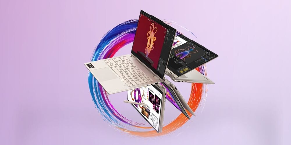 Laptop LENOVO IdeaPad Slim 5 14AHP11 z portami USB-C HDMI i USB-A prezentuje zestaw złączy na bocznych krawędziach obudowy na różowym tle