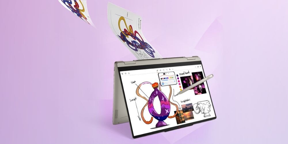 Laptop LENOVO IdeaPad Slim 5 14AHP11 z kamerą 5.0MP prezentuje fizyczną przesłonę obiektywu na ekranie podczas pracy biznesowej