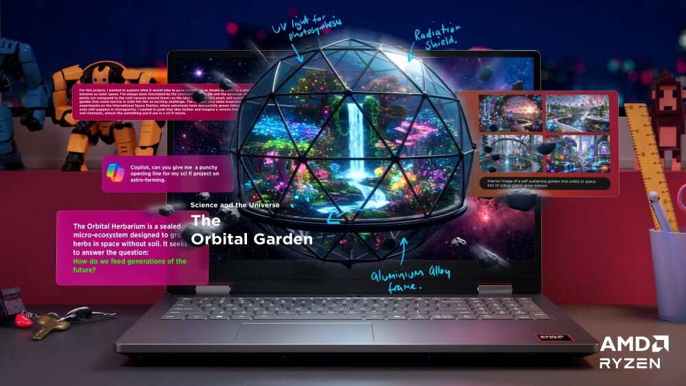 Na obrazie widoczny jest laptop z otwartym ekranem, na którym wyświetlany jest kolorowy obraz przedstawiający futurystyczny ogród orbitalny. W prawym dolnym rogu znajduje się logo AMD RYZEN.