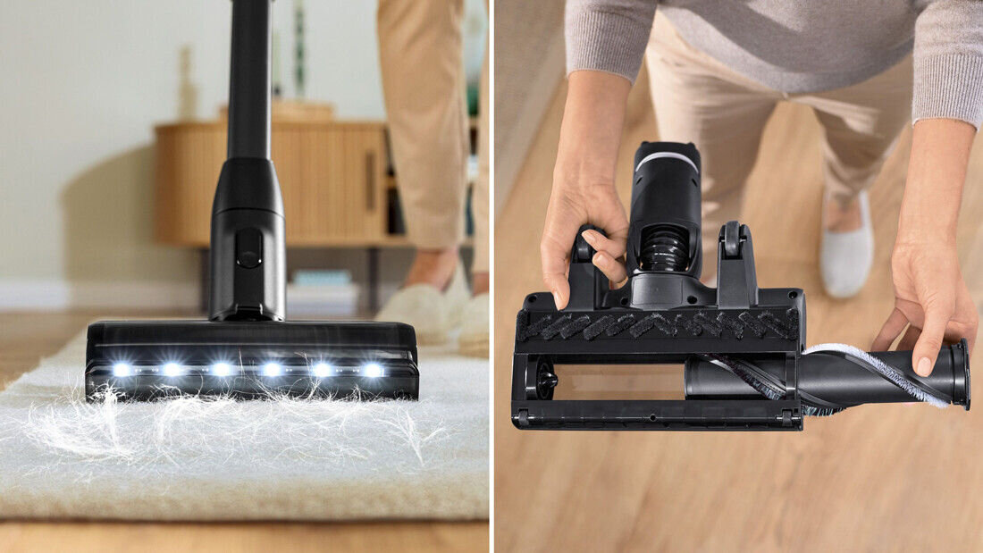 Po lewej stronie odkurzacz z włączonymi światłami LED odkurza dywan z sierścią. Po prawej stronie osoba trzyma odkurzacz z widoczną szczotką i mechanizmem czyszczącym.