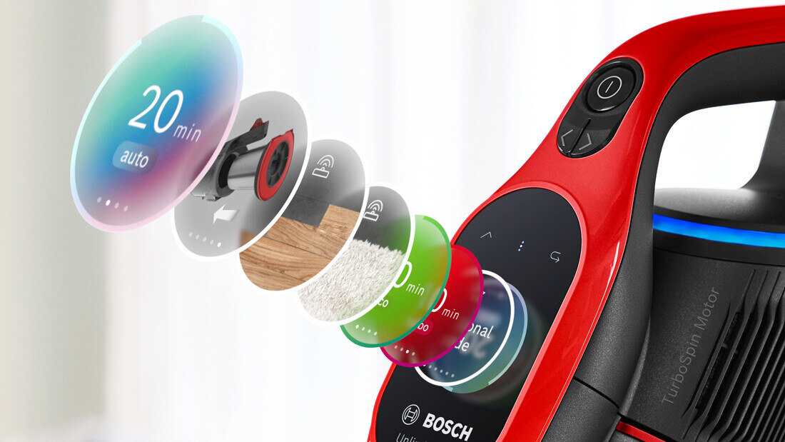 Zdjęcie przedstawia czerwony odkurzacz z widocznym logo BOSCH i napisem \'TurboSpin Motor\'. Obok urządzenia znajdują się kolorowe ikony z napisami, m.in. \'20 min auto\'.