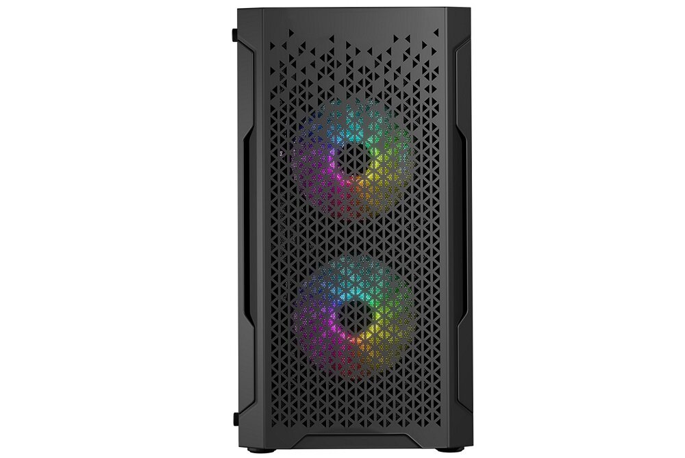 Czarna obudowa komputerowa z przodu posiada dwa wentylatory z podświetleniem ARGB, widoczne przez perforowany panel z trójkątnymi otworami.