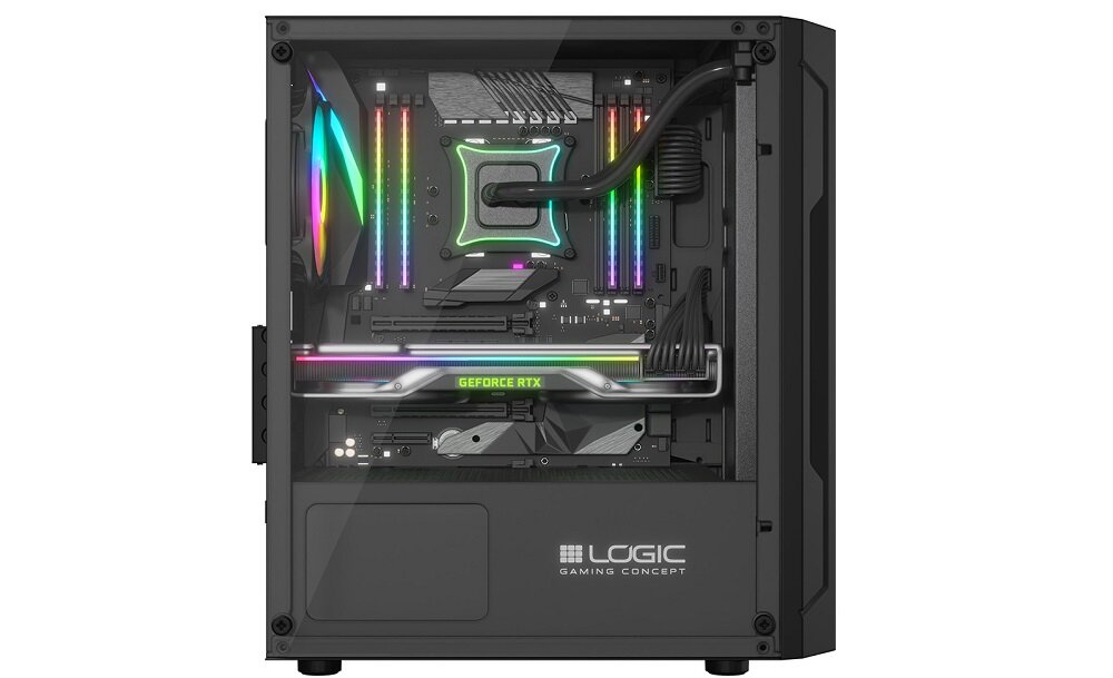 Obudowa komputerowa z przezroczystym panelem bocznym, ukazująca wnętrze z podświetleniem ARGB. Na obudowie widoczne jest logo \'LOGIC GAMING CONCEPT\'.