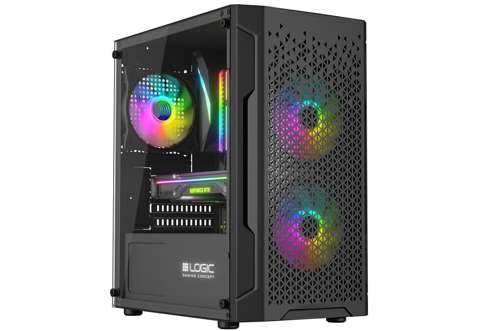 Czarna obudowa komputerowa z przezroczystym panelem bocznym, wyposażona w trzy wentylatory z podświetleniem ARGB. Na obudowie widoczne jest logo \'LOGIC GAMING CONCEPT\'.
