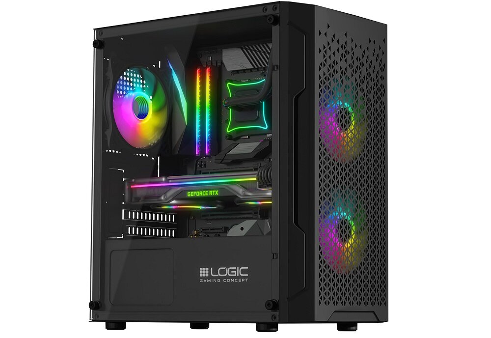 Obudowa komputerowa z przezroczystym panelem bocznym, ukazująca podświetlone elementy wewnętrzne w różnych kolorach. Na froncie widoczne są dwa wentylatory z podświetleniem RGB, a na obudowie znajduje się logo \'LOGIC GAMING CONCEPT\'.