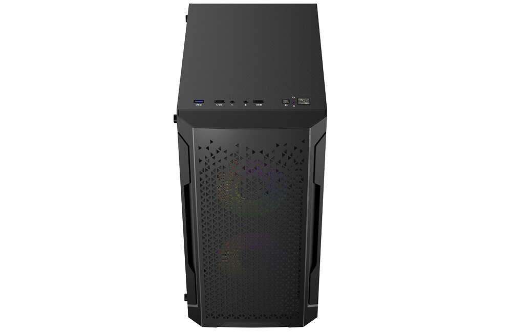 Czarna obudowa komputerowa z perforowanym frontem i widocznymi wentylatorami ARGB. Na górnym panelu znajdują się porty USB, audio oraz przyciski zasilania i resetowania.