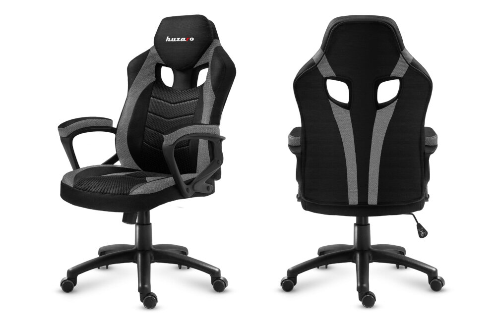 Na obrazie widoczny jest szary fotel biurowy z czarnymi i szarymi elementami, przedstawiony z przodu i z tyłu. Na zagłówku znajduje się logo \'huzaro\'.