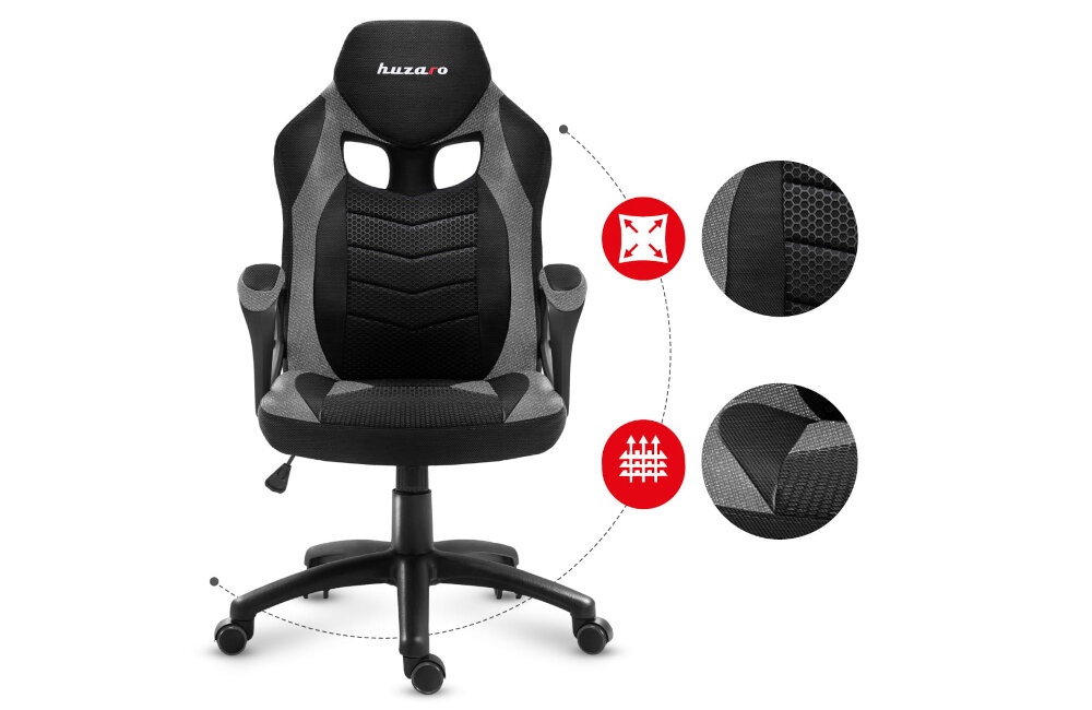 Fotel biurowy w kolorze szarym z czarnymi elementami, z logo \'huzaro\' na zagłówku. Obok fotela znajdują się trzy okrągłe grafiki przedstawiające detale materiału i funkcje, takie jak oddychalność i elastyczność.
