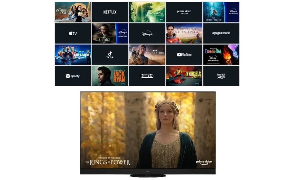 Telewizor wyświetla scenę z serialu \'The Rings of Power\' na platformie Prime Video. Powyżej widoczne są ikony aplikacji streamingowych, takich jak Netflix, Disney+, YouTube i inne.