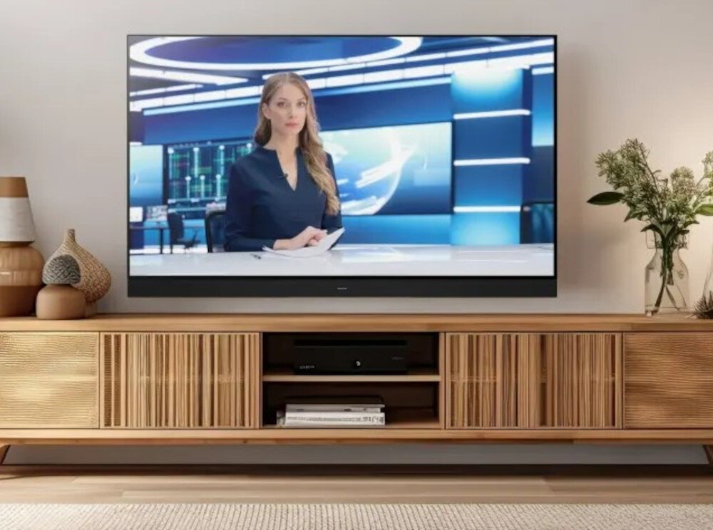 Telewizor wyświetla obraz z prezenterką w studiu telewizyjnym. Urządzenie stoi na drewnianej szafce, obok której znajdują się dekoracyjne wazony i roślina.