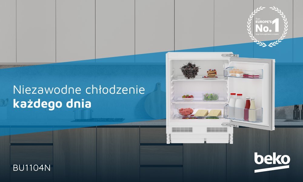 Obraz przedstawia otwartą lodówkę z widocznymi produktami spożywczymi, takimi jak owoce, warzywa i napoje. Na niebieskim tle znajduje się tekst: \'Niezawodne chłodzenie każdego dnia\', a w prawym dolnym rogu widnieje logo \'beko\'.