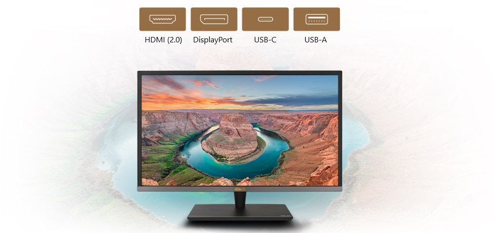 Monitor wyświetla krajobraz z kanionem i rzeką, a nad nim znajdują się ikony z opisami: HDMI (2.0), DisplayPort, USB-C, USB-A.