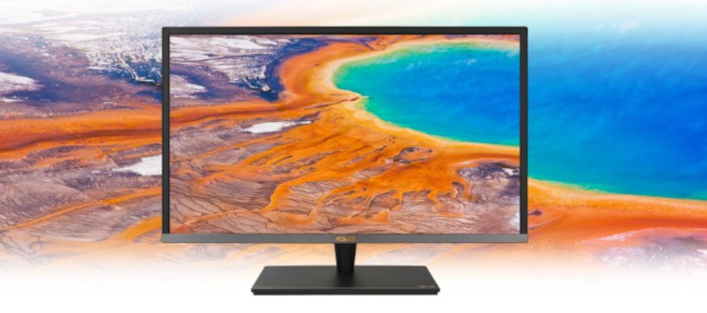 Monitor z wyświetlaczem pokazującym kolorowy krajobraz z lotu ptaka, z dominującymi odcieniami niebieskiego i pomarańczowego. Logo ASUS widoczne na dolnej ramce monitora.