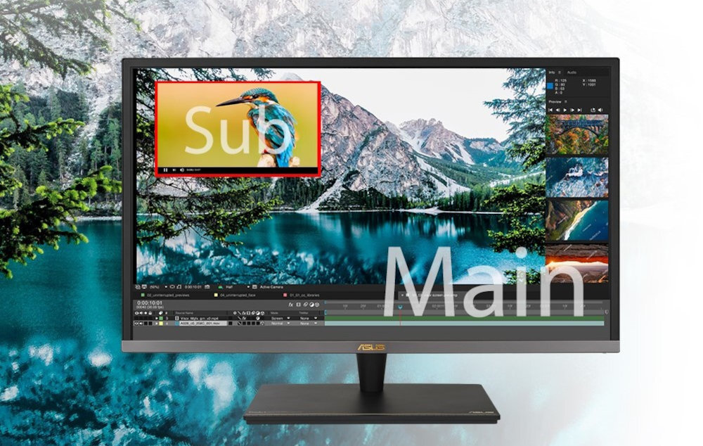 Monitor wyświetla obraz z edytorem graficznym, na którym widać zdjęcie ptaka oraz krajobraz górski. Na ekranie widoczne są napisy \'Sub\' i \'Main\', a na obudowie monitora znajduje się logo ASUS.