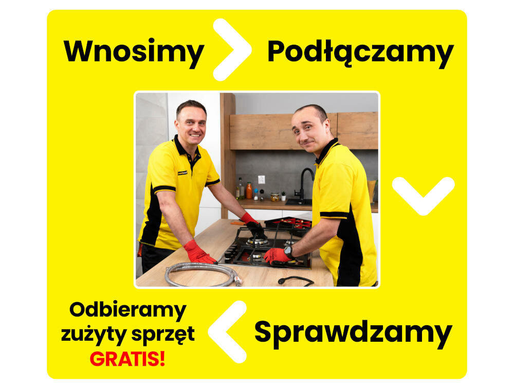 Dwóch mężczyzn w żółtych koszulkach montuje płytę gazową w kuchni. Na żółtym tle widnieją napisy: \'Wnosimy\', \'Podłączamy\', \'Sprawdzamy\', \'Odbieramy zużyty sprzęt GRATIS!\'.