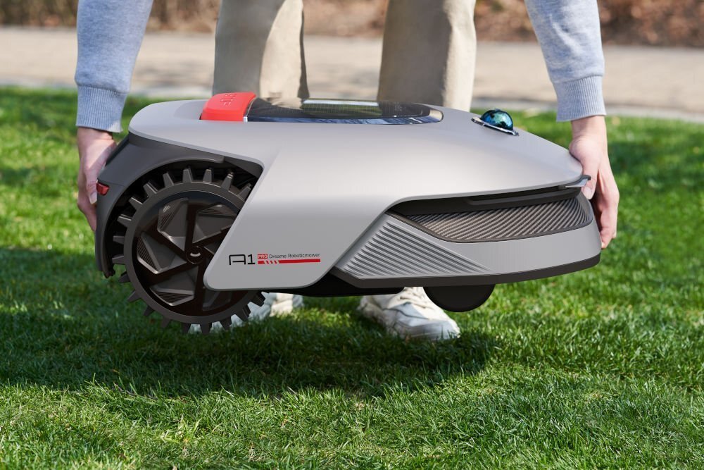 Robot koszący DREAME A1 Pro osoba podnosząca robota alarm podnoszenia sygnał ostrzegawczy lokalizacja robota