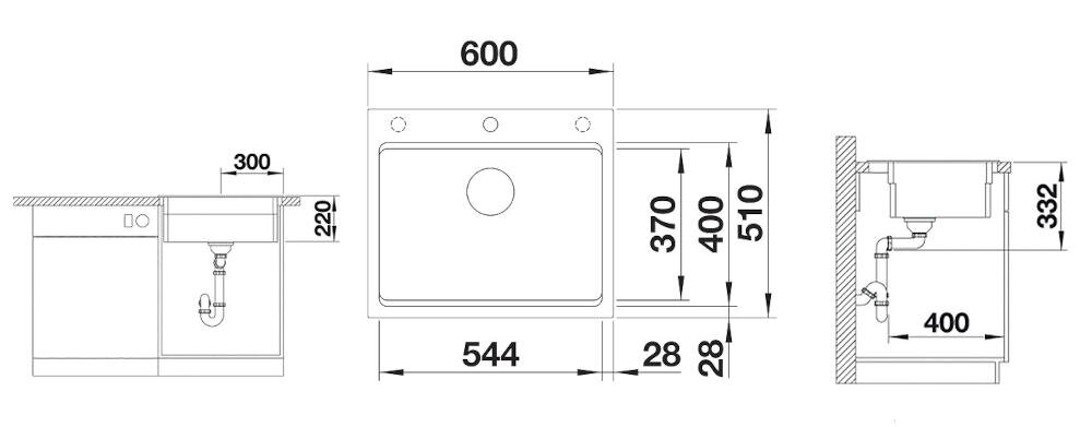 Rysunek techniczny zlewozmywaka jednokomorowego z wymiarami: szerokość 600 mm, głębokość 400 mm, wysokość 332 mm. Widoczne są szczegóły montażowe i otwory na baterie.