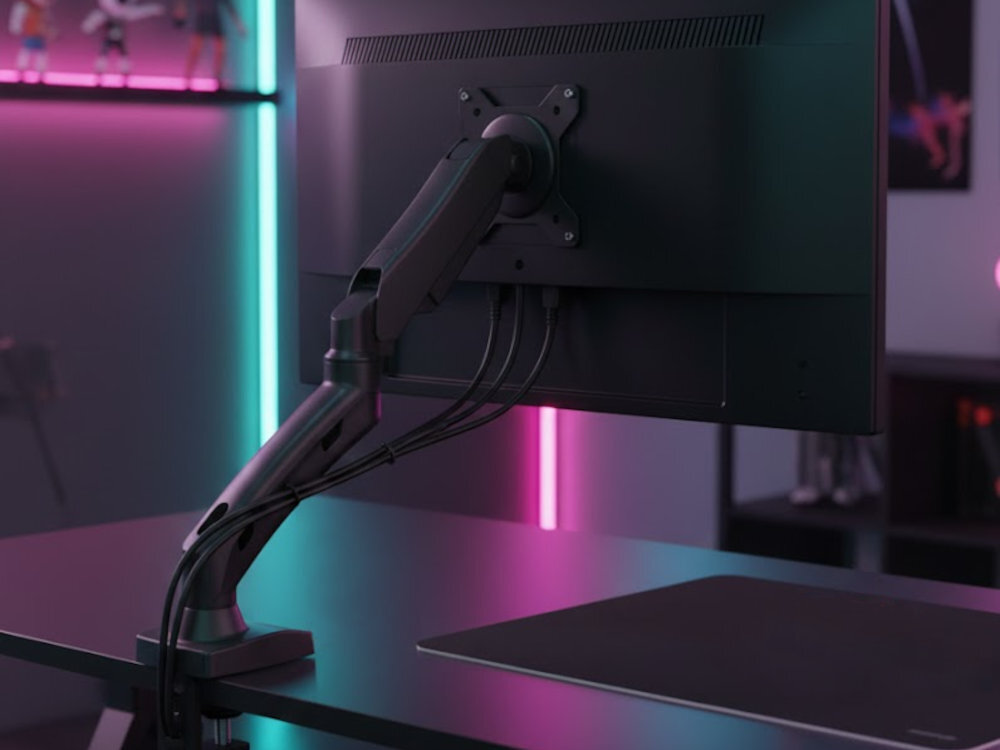 Monitor zamontowany na uchwycie biurkowym z regulowanym ramieniem. W tle widoczne są kolorowe światła LED oraz półki z figurkami.