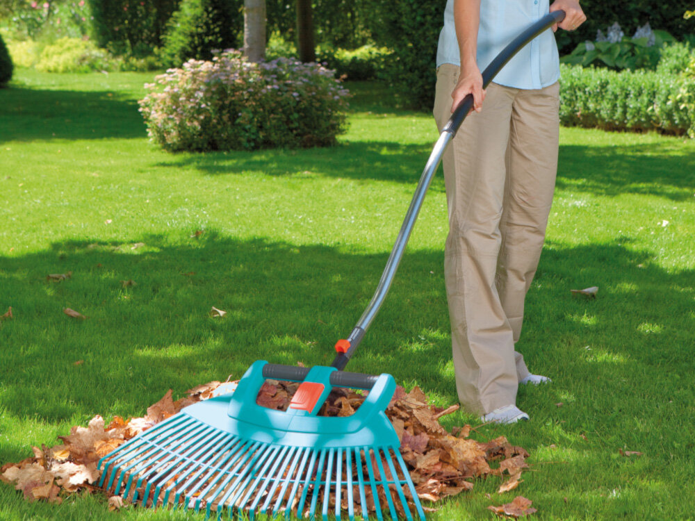 Osoba używa niebieskich grabi do zbierania liści na trawniku. Grabie mają długi, metalowy trzonek i są używane w ogrodzie.