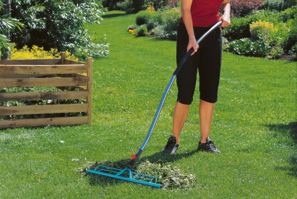 Osoba używa narzędzia ogrodowego z długim niebieskim trzonkiem do zbierania trawy na zielonym trawniku. W tle widoczne są rośliny i drewniana konstrukcja.