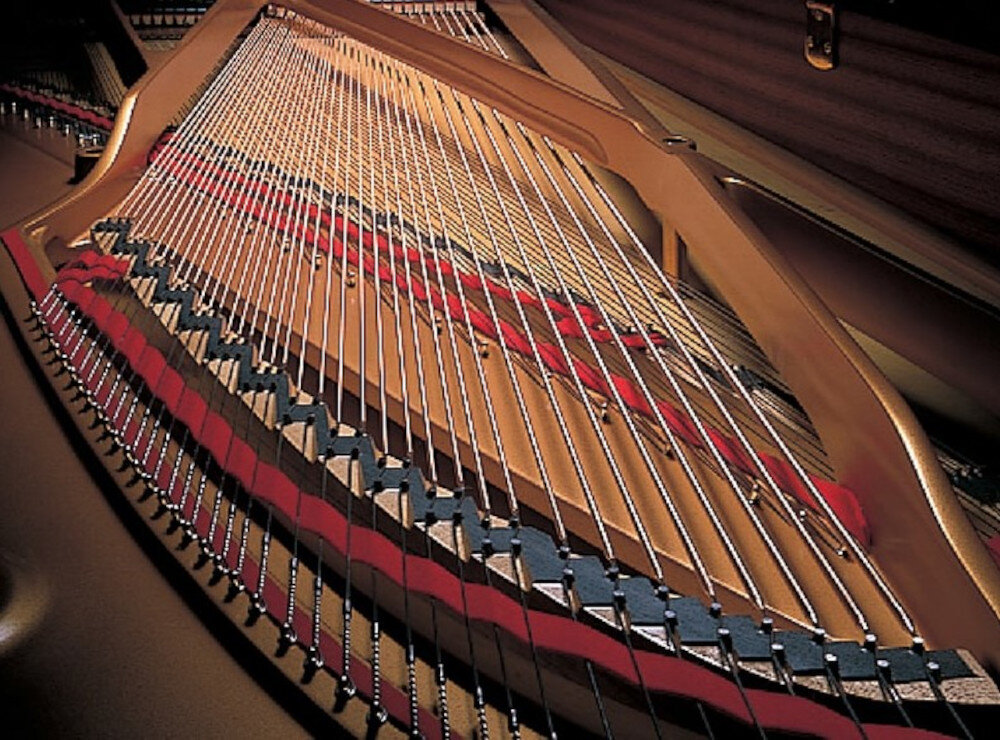 Obraz przedstawia wnętrze fortepianu z widocznymi strunami i mechanizmem młoteczkowym. Struny są ułożone równolegle, a ich konstrukcja jest podkreślona przez oświetlenie.