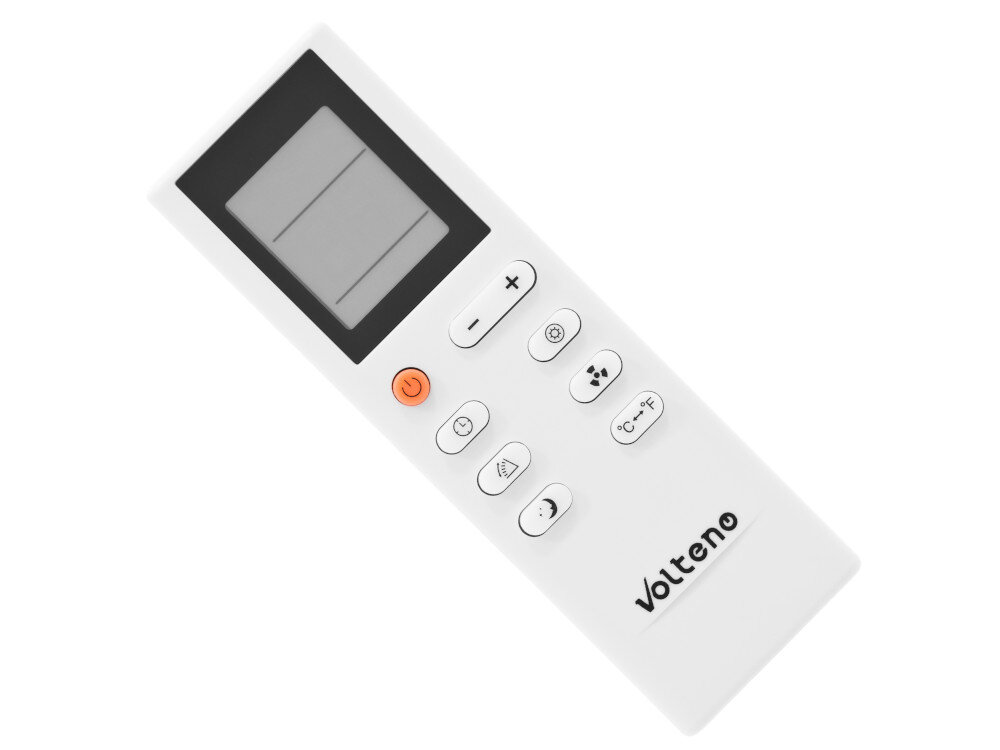 Pilot z wyświetlaczem i przyciskami, w tym pomarańczowym przyciskiem zasilania. Na dole widoczne jest logo \'Volteno\'.