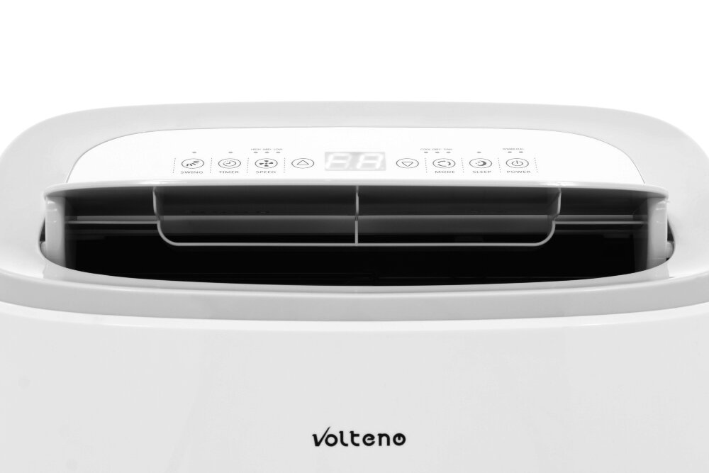 Na obrazie widoczny jest panel sterowania klimatyzatora z przyciskami i wyświetlaczem cyfrowym. Na obudowie znajduje się logo \'Volteno\'.