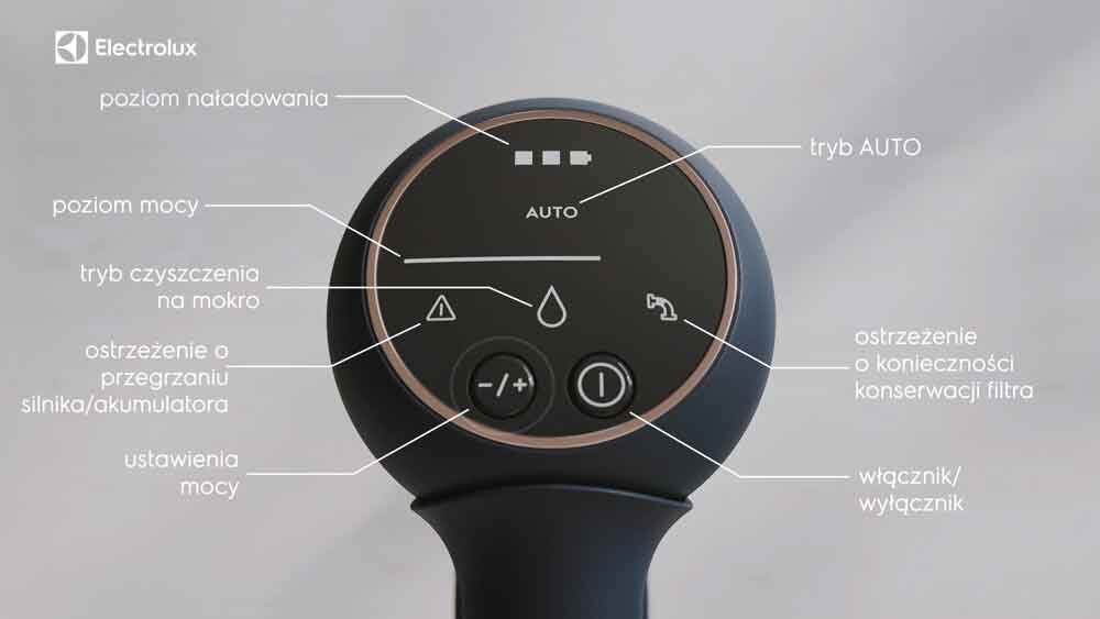 Panel sterowania odkurzacza z logo Electrolux, zawierający wskaźniki poziomu naładowania, mocy, trybu AUTO oraz przyciski do ustawień mocy i włączania/wyłączania. Widoczne są także ikony ostrzeżeń dotyczących przegrzania i konserwacji filtra.