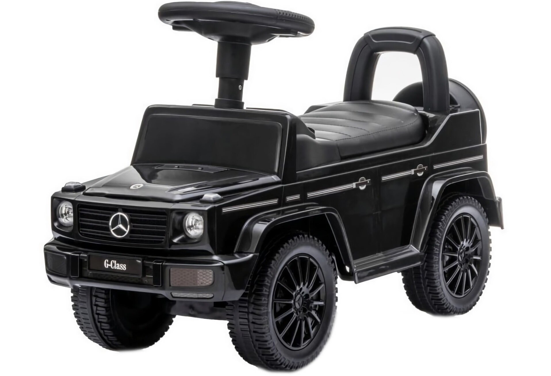 Czarny jeździk w kształcie samochodu terenowego z logo w kształcie gwiazdy na masce. Na przodzie widoczny napis \'G-Class\'.