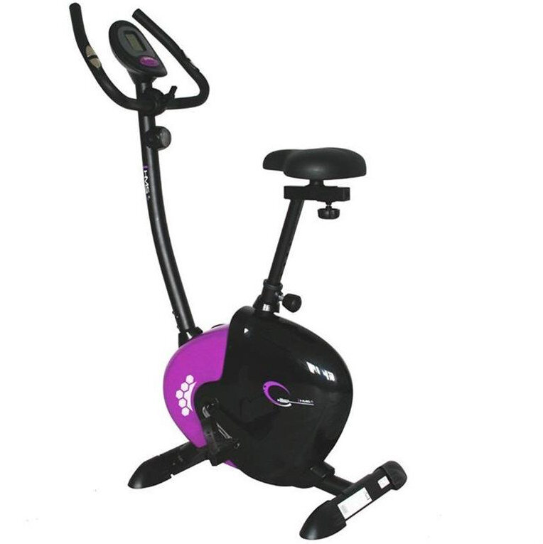 Rower magnetyczny w kolorze czarnym z fioletowymi elementami, wyposażony w wyświetlacz i regulowane siodełko. Na obudowie widoczne jest logo producenta oraz napis \'HMS\'.