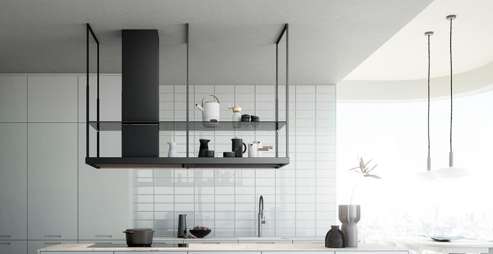 OKAP FALMEC EUROPA ISOLA 175 BLACK 800 M3 H lifestyle wizualizacja kuchnia sufit wiszący model kolor czarny półka szklana miejsce na przybory kuchenne