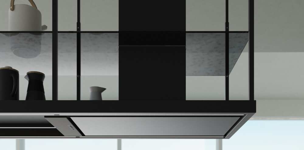 OKAP FALMEC EUROPA ISOLA 175 BLACK 800 M3 H lifestyle wizualizacja kuchnia sufit wiszący model kolor czarny półka szklana miejsce na przybory kuchenne wyciąg pochłaniacz wentylacja