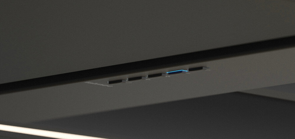 OKAP FALMEC EUROPA ISOLA 175 BLACK 800 M3 H lifestyle wizualizacja kuchnia sufit wiszący model kolor czarny półka szklana miejsce na przybory kuchenne