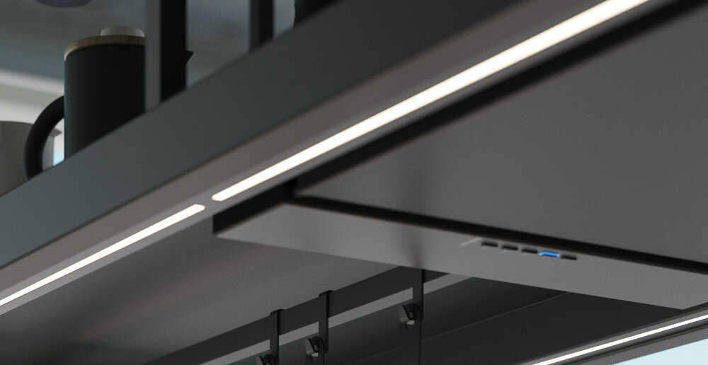 OKAP FALMEC EUROPA ISOLA 175 BLACK 800 M3 H lifestyle wizualizacja kuchnia sufit wiszący model kolor czarny półka szklana miejsce na przybory kuchenne