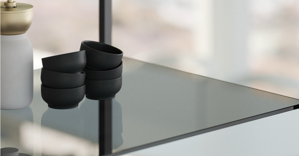 OKAP FALMEC EUROPA ISOLA 175 BLACK 800 M3 H lifestyle wizualizacja kuchnia sufit wiszący model kolor czarny półka szklana miejsce na przybory kuchenne