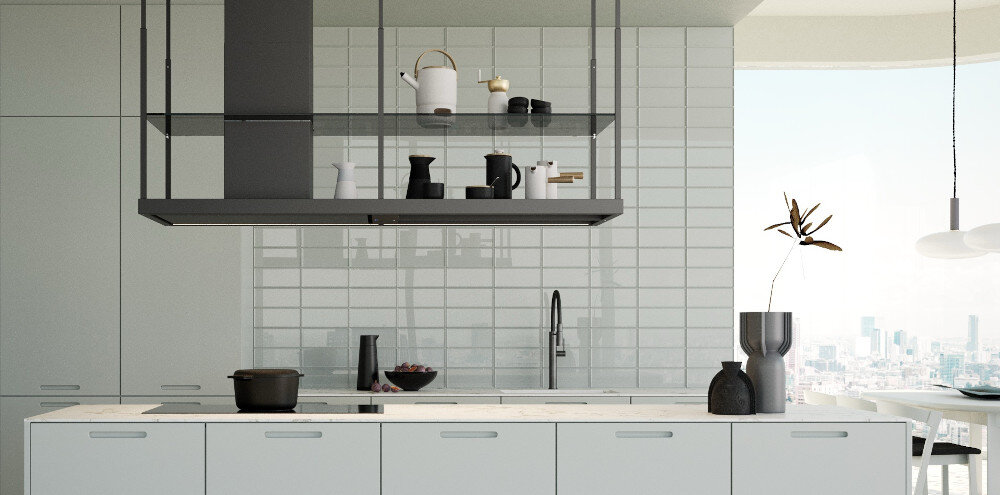 OKAP FALMEC EUROPA ISOLA 175 BLACK 800 M3 H lifestyle wizualizacja kuchnia sufit wiszący model kolor czarny półka szklana miejsce na przybory kuchenne